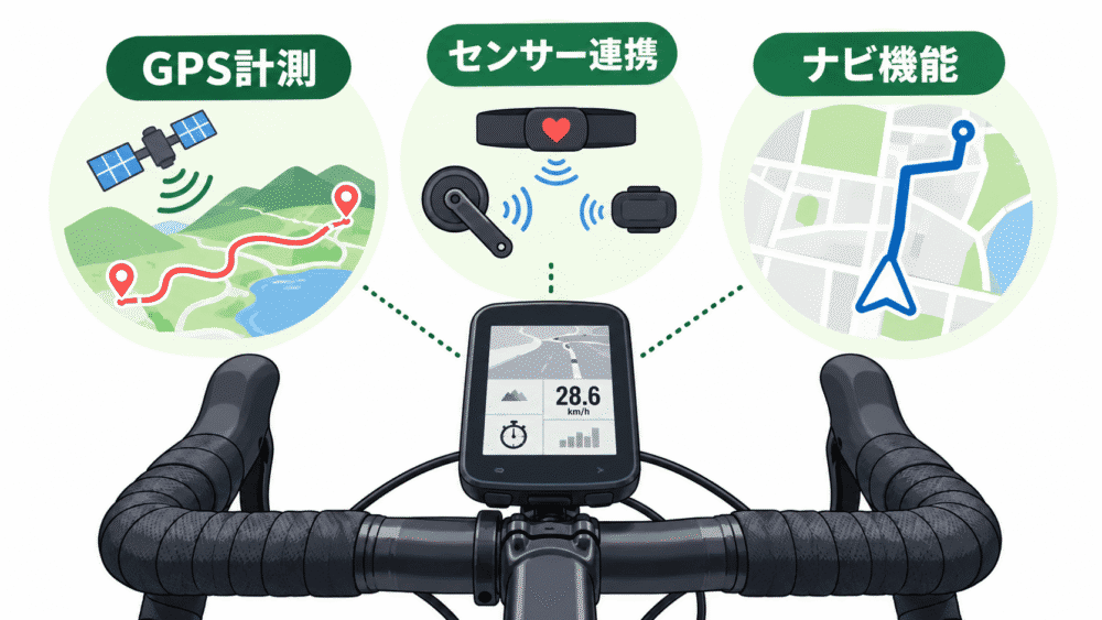 サイクルコンピューターのGPS計測・センサー連携・ナビ機能を3つのアイコンで説明した図解