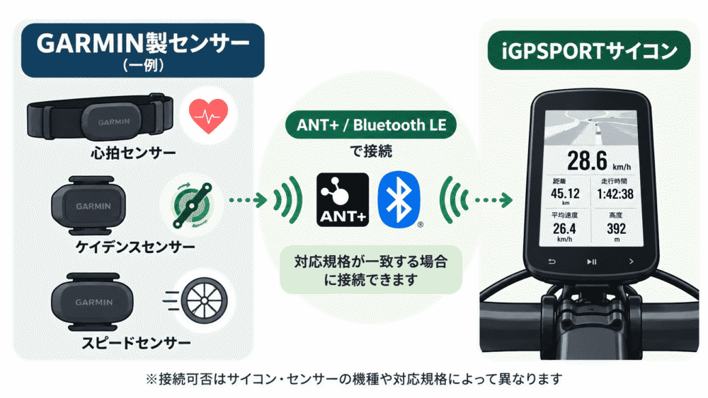 GARMIN製の心拍・ケイデンス・スピードセンサーとiGPSPORTサイコンのANT+・Bluetooth LE接続を説明する図解