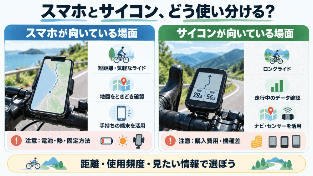 ロードバイクでスマホとサイコンを使う場合の違いを、走行距離・ナビ・走行データ・注意点から比較した図解