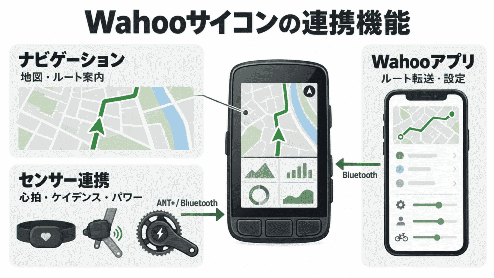 Wahooサイクルコンピューターのナビゲーション、心拍・ケイデンス・パワーセンサーとの接続、Wahooアプリとの連携を説明する図解